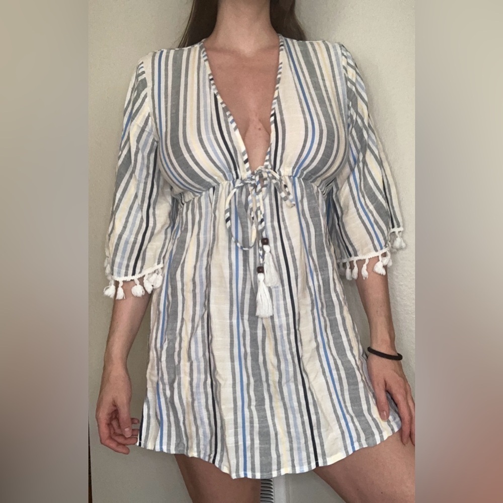 Blue Island Tie Front Tunic Dress Cover Up Size M Blue White Stripe